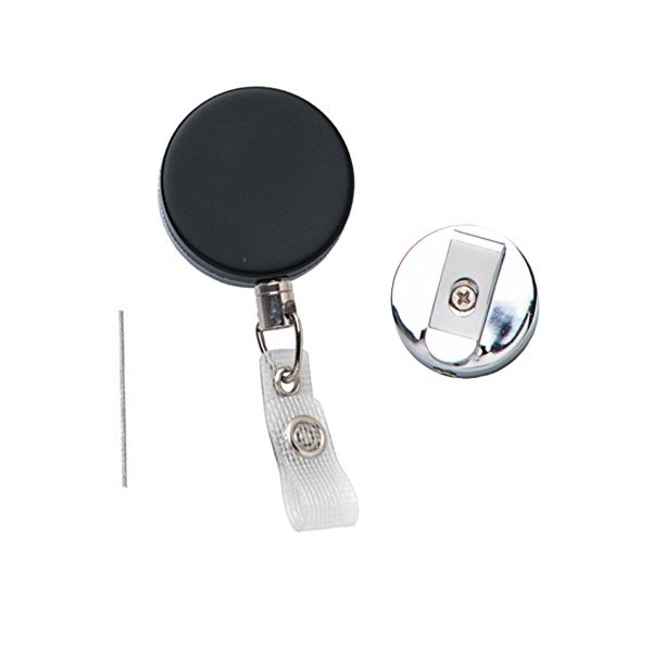 Bild på Svart tungtjänst-ID-badgevinda med wire / stålvajer / kabel, bältesklämma och remklämma. 60270144