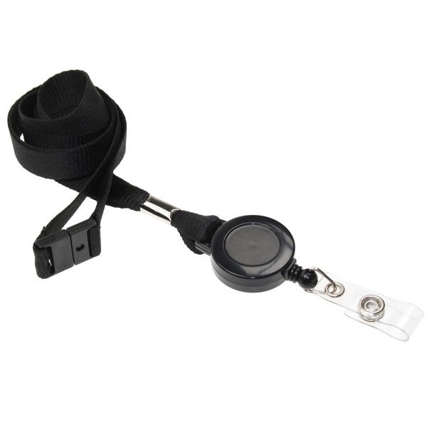 Bild på Black 15 mm recycled plain lanyards with yoyo card reel and clear vinyl strap. 60270621 (DE,SE,NO,FI,RO,PL)