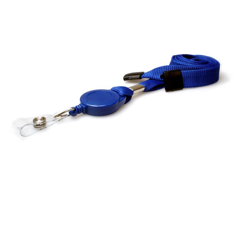 Bild på Blue 16 mm flat tubular breakaway lanyards with attached yoyo card reel and clear vinyl strap. 60270638 (DE,SE,NO,FI,RO,PL)