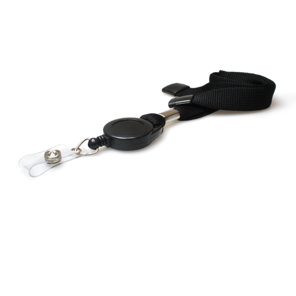 Bild på Black 16 mm flat tubular breakaway lanyards with attached yoyo card reel and clear vinyl strap. 60270631 (DE,SE,NO,FI,RO,PL)