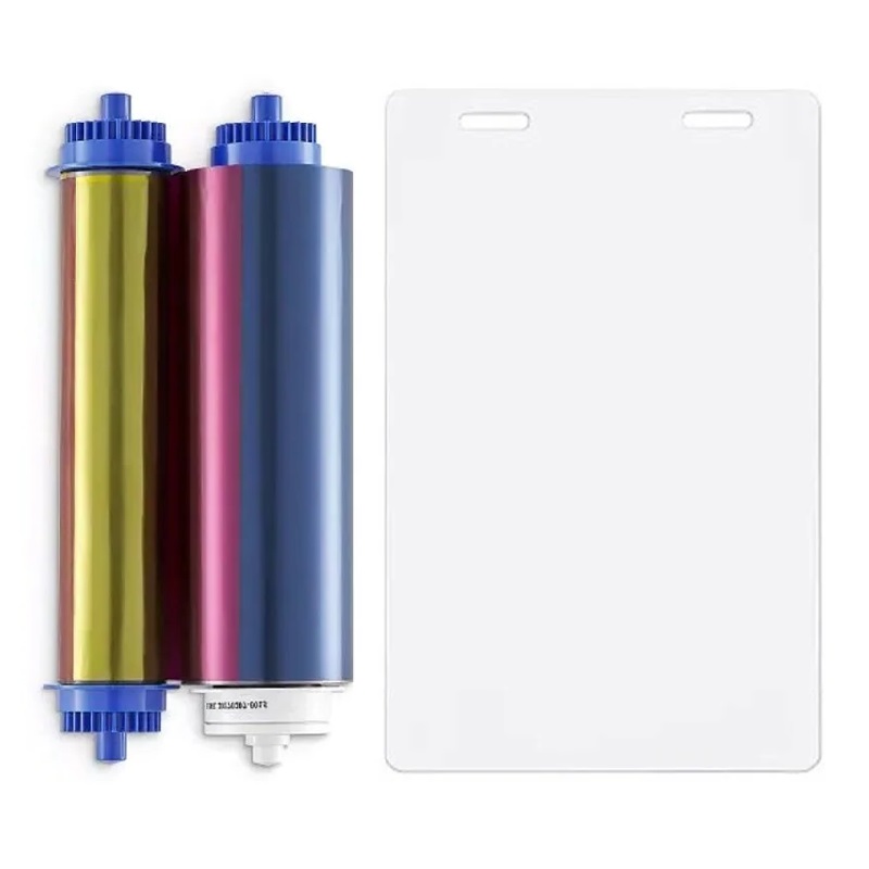 Bild på Zebra ZC10L color ribbon/dye film (YMC0) and cards with 2 slots / oval holes. Zebra 106000-10L2 - 400 prints and 400 cards. ZEB-106000-10L2 (DE,SE,NO,FI,RO,PL)